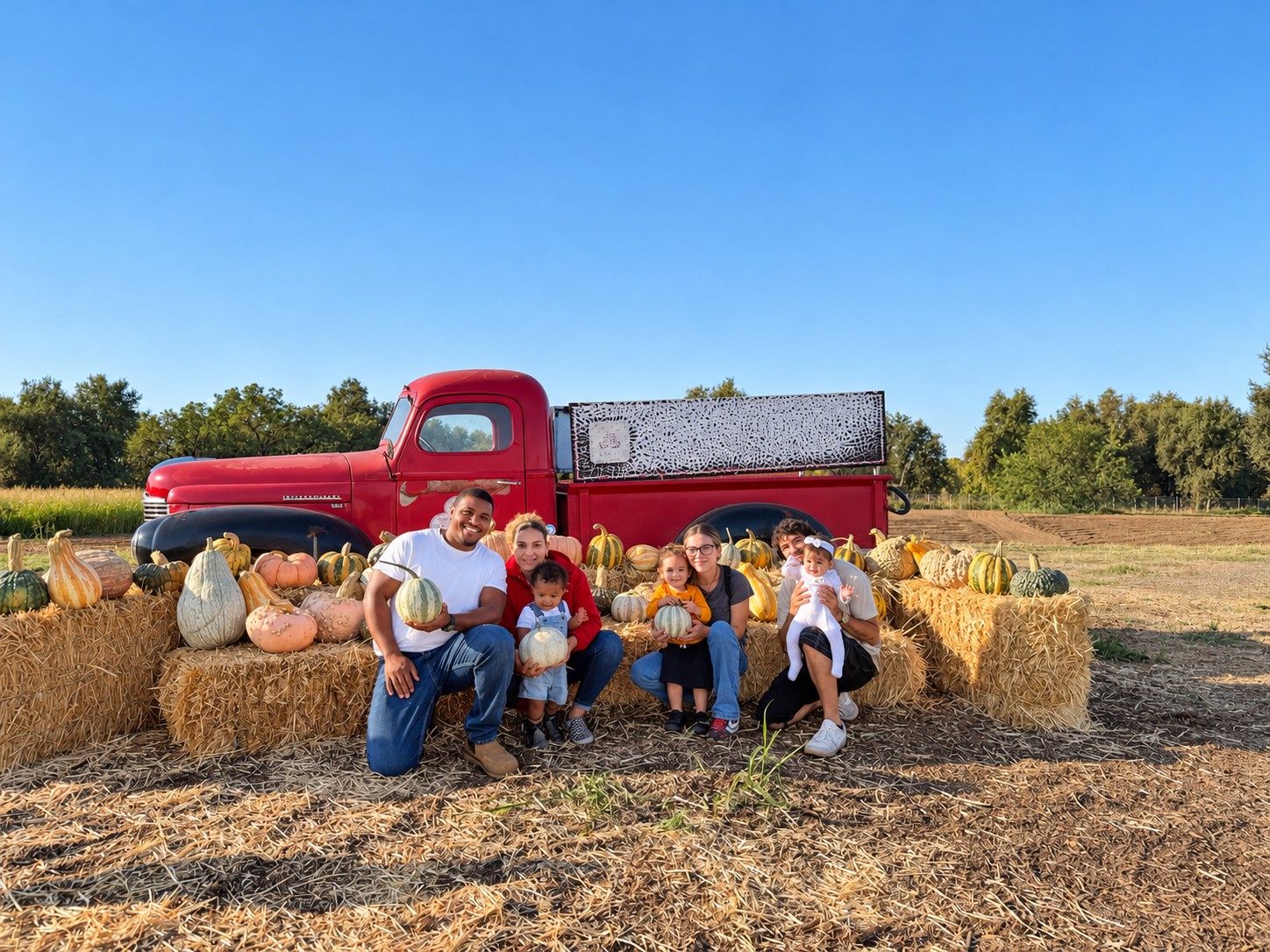 Our field trip group holding pumpkins in front of a red vintage farm truck
