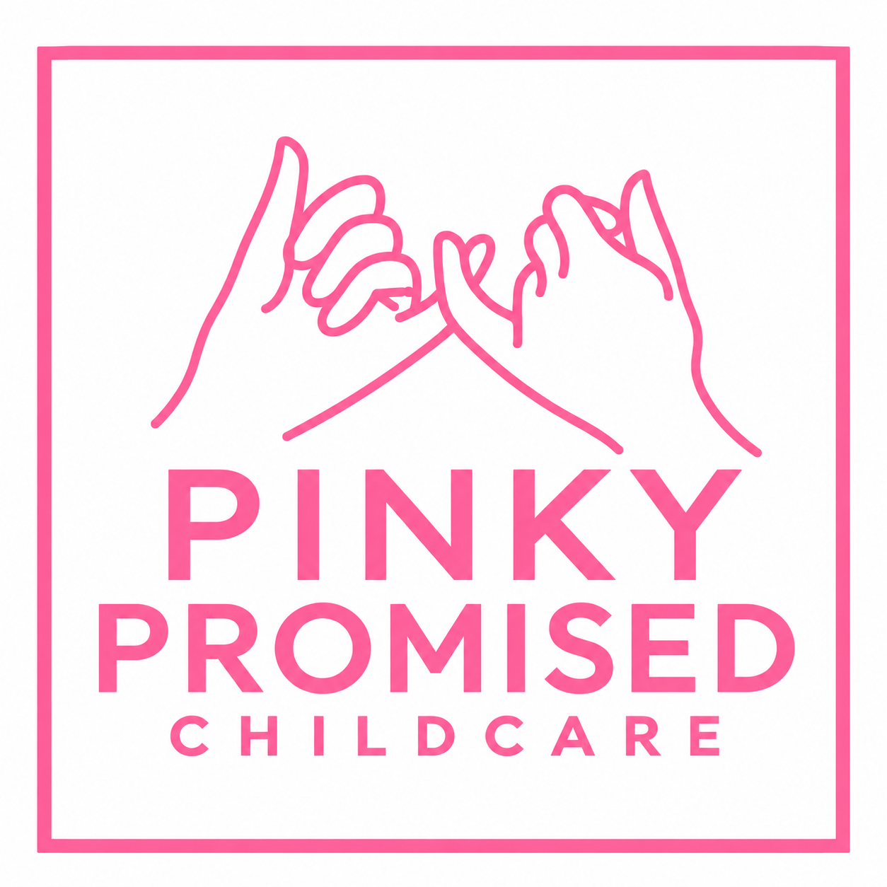 Pinky Promised Childcare logo with fine-line pinky promise hands on a solid white background